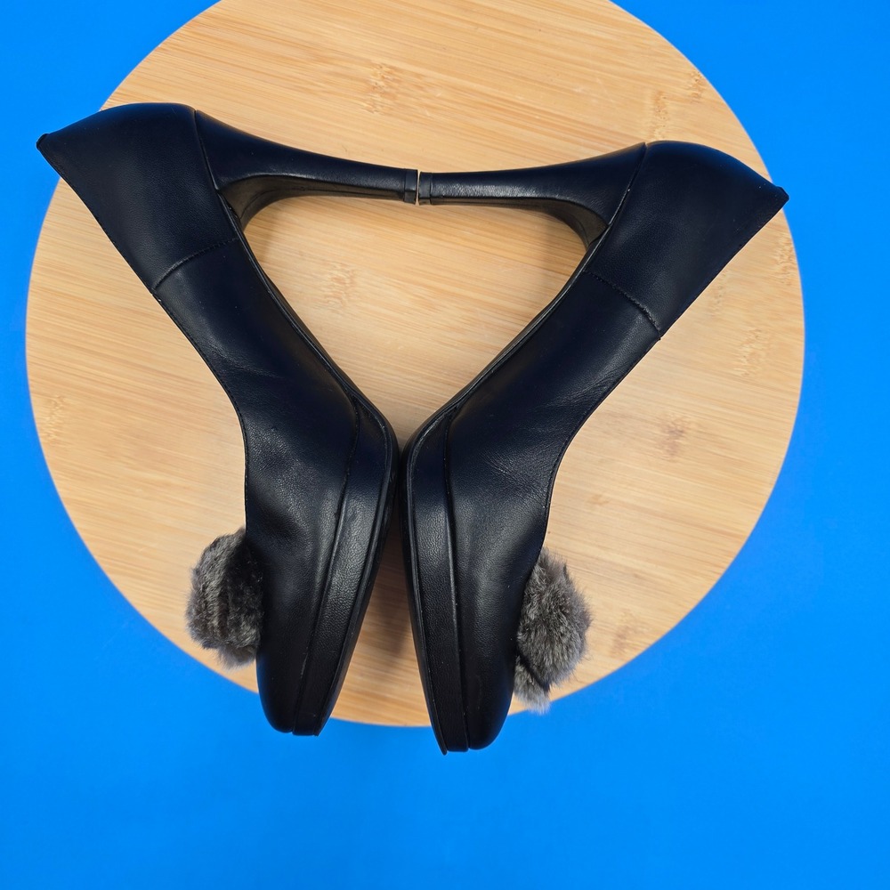 Carisima Italy Black Leather Pom Pom‎ Platform Pumps Heels Size 9 Almond Toe 4" - Picture 5 of 10